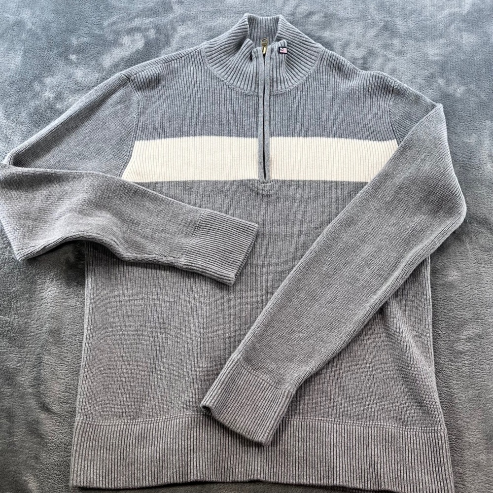 Polo Jeans Co Ralph Lauren Mens XL Grey Ribbed 1/4 Zip Cotton Sweater Stripe RL